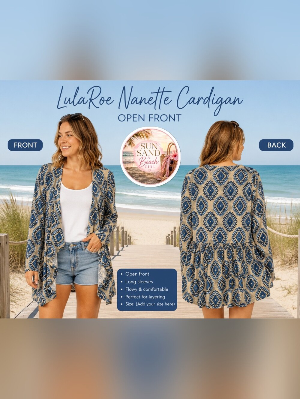 LuLaRoe NWT Women's Nanette Cardigan Blue Geo-Print Open Front Women's Retail$46